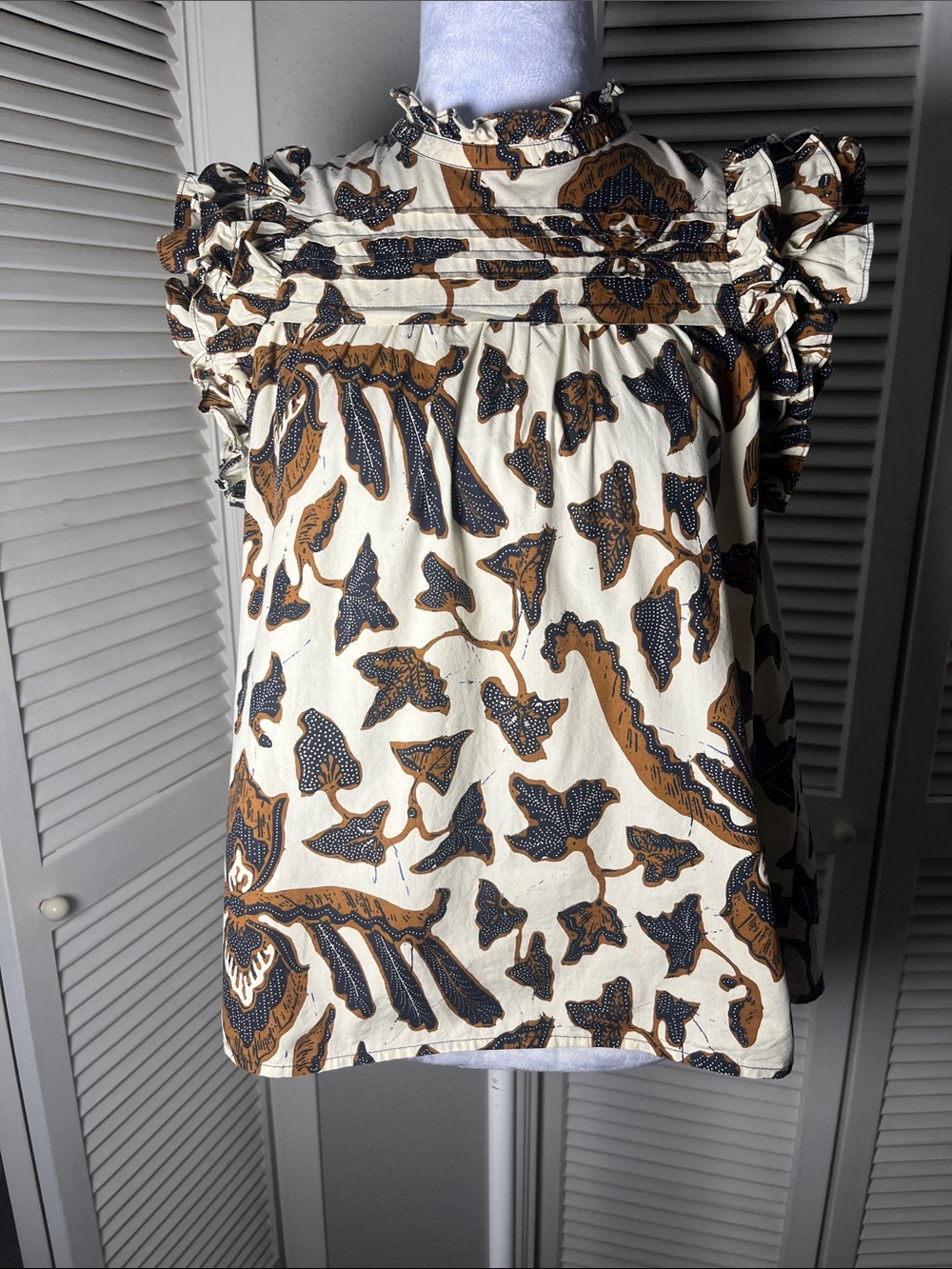Ulla Johnson Cream Blouse with Brown and Navy Botanical Print